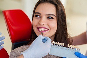 Woman's smile compared with tooth color chart