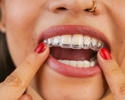 Up-close view of person inserting Invisalign aligner onto top teeth 