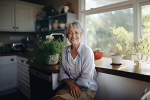 a woman sitting in her kitchen