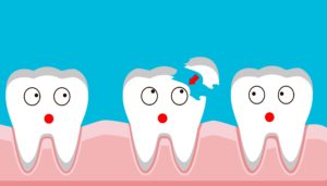 Two cartoon teeth looking at another one with a chip